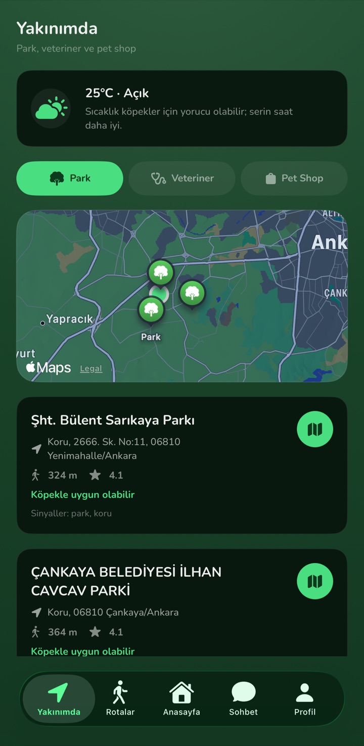 Yakınımda ekranı: harita üzerinde köpek parkları